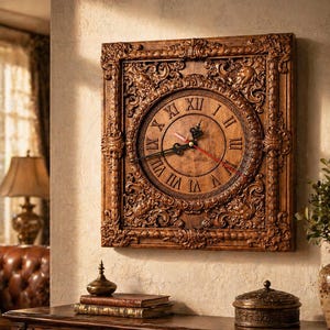May include: A square, wooden wall clock with an ornate, carved frame. The clock face is circular with Roman numerals and black hands, and a red second hand. The clock is mounted on a beige wall.