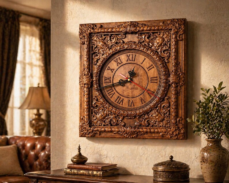May include: A square, wooden wall clock with an ornate, carved frame. The clock face is circular with Roman numerals and black hands, and a red second hand. The clock is mounted on a beige wall.