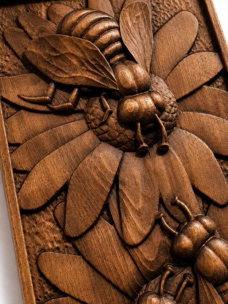 May include: A detailed wooden carving of a bee on a flower. The bee is intricately carved, showing wings, legs, and body segments. The flower petals are also precisely carved, displaying the natural wood grain. The artwork is framed.
