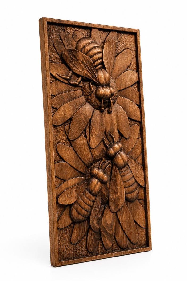 May include: A wooden relief carving of two bees on a flower. The bees are finely detailed, with visible wings and body segments. The artwork is framed in a rectangular shape and has a natural wood finish.