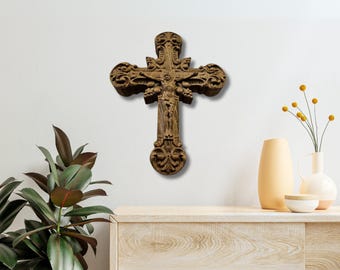 Handgeschnitztes uraltes Holzkreuz aus Buche | Dreibalken Byzantiner Mauerkreuz | Christliche religiöse Dekoration | CNC + Handbearbeitet | Geschenk für den Glauben