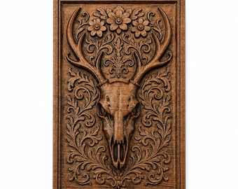 Rustic Beech Wood Deer Skull Wall Sculpture – Hand Carved Cabin Decor for Hunter Lodge, Mountain Home Accent