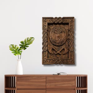 Hand-Carved Yggdrasil Wooden Panel – Norse Mythology World Tree Art