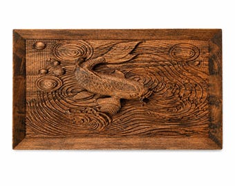 Hand Carved Koi Fish Wall Art – Solid Beech Wood Panel – Japanese Zen Decor – Luxury Wood Carving for Living Room