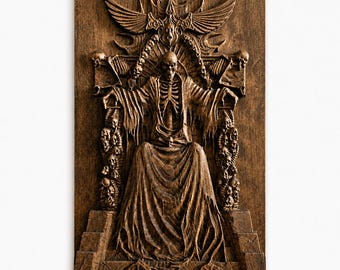Death on Throne Wood Carving | Gothic Dark Fantasy Beech Relief Panel