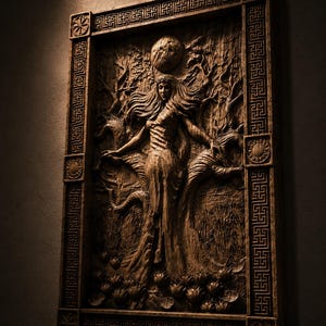 May include: A detailed, brown wooden relief carving of a woman with flowing hair, arms outstretched, set within a rectangular frame. The carving depicts a forest scene with a full moon and intricate border designs.