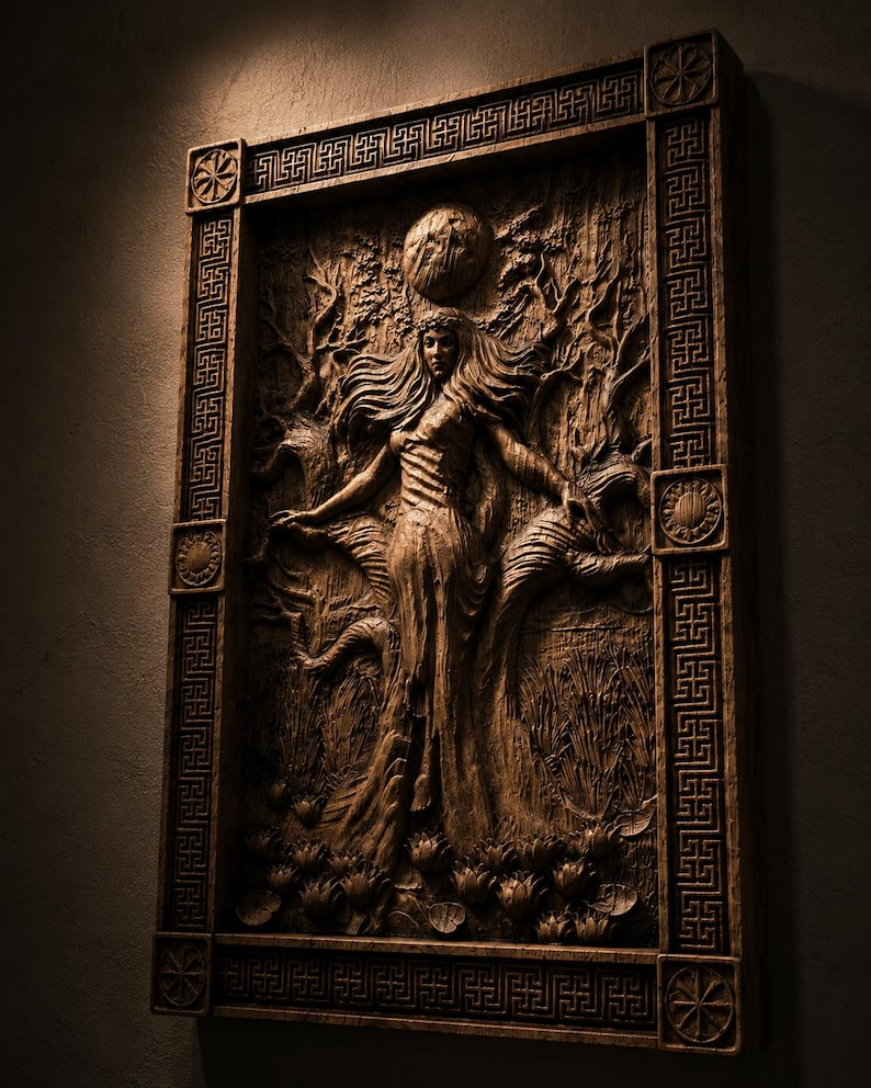 May include: A detailed, brown wooden relief carving of a woman with flowing hair, arms outstretched, set within a rectangular frame. The carving depicts a forest scene with a full moon and intricate border designs.