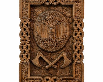 Yggdrasil Wood Carving Wall Art | Norse World Tree Gift | Viking Mythology Decor | Asatru Heathen Panel | Odin Sacred Tree Beech Relief