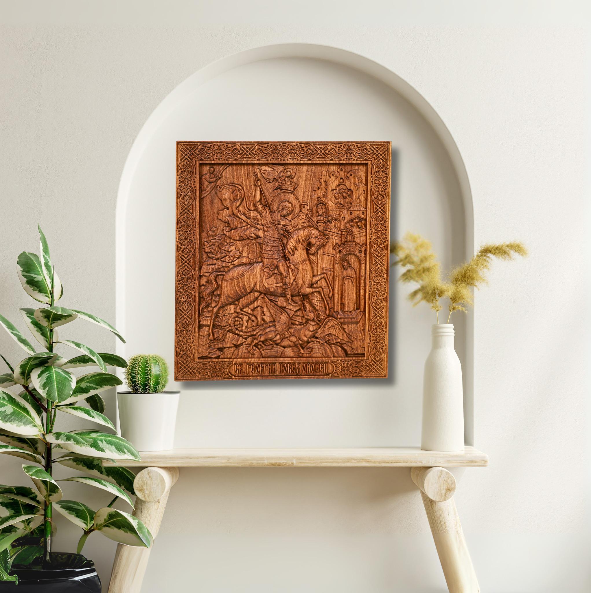 Handgeschnitzte Saint George Icon aus Buchenholz | Ortodox christliche Wandkunst | Religiöses Geschenk | Handgefertigte Holzschnitzerei für den Haussegen