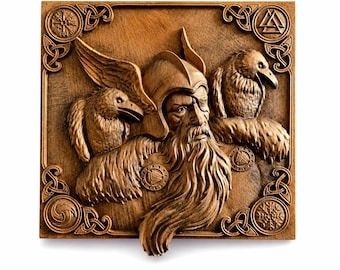 Handcrafted Odin Wood Carving with Ravens | Norse Altar Decor