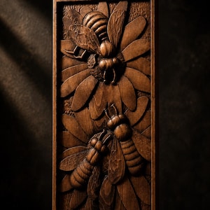 May include: A rectangular wooden relief carving depicting three bees amongst stylized floral elements. The bees are intricately carved with visible wings and body details. The artwork is framed and finished in a warm, natural wood tone.