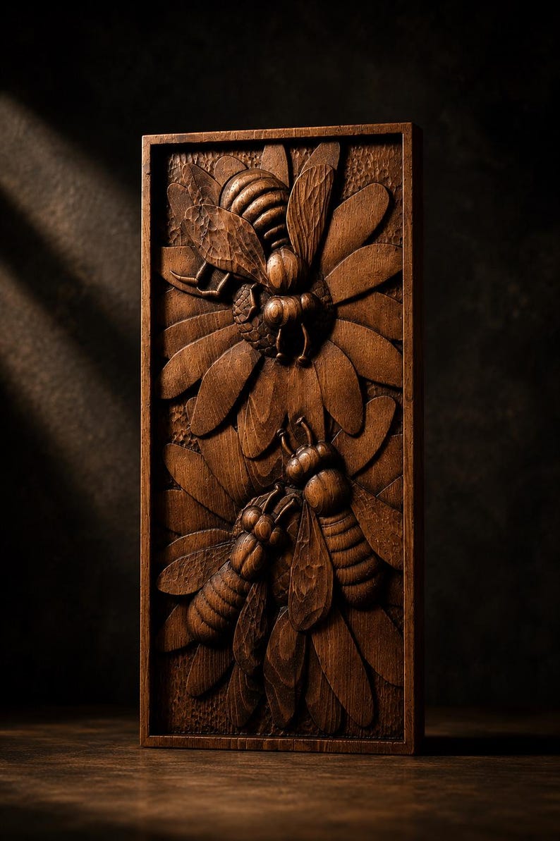 May include: A rectangular wooden relief carving depicting three bees amongst stylized floral elements. The bees are intricately carved with visible wings and body details. The artwork is framed and finished in a warm, natural wood tone.
