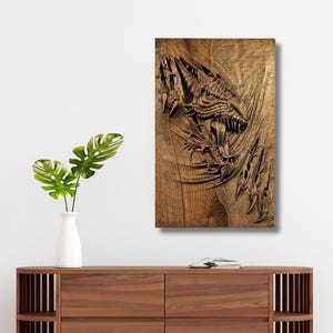 Dragon Wood Carving Wall Art – 3D Handcrafted Dragon Panel in Solid Wood – Fantasy Creature Decor for Home, Man Cave Game Room for him