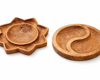 Yin Yang Beech Wood Tray Set, Boho Serving Decor, Handmade Zen Kitchen Accent, Organic Wooden Hosting Set
