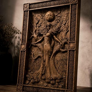 May include: A wooden relief carving depicting a woman with flowing hair, arms outstretched, integrated with a tree and a full moon. The artwork is framed with a detailed border, showcasing a natural, earthy aesthetic.
