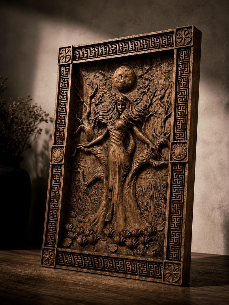 May include: A wooden relief carving depicting a woman with flowing hair, arms outstretched, integrated with a tree and a full moon. The artwork is framed with a detailed border, showcasing a natural, earthy aesthetic.