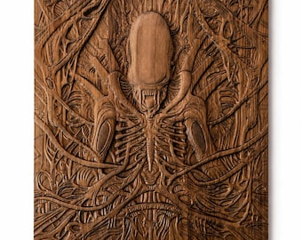 Alien Wood Carving Wall Art – Sci Fi Gift for Him – Handmade Biomechanical Panel Decor for Gaming Room or Dark Interior