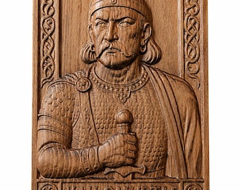 Medieval Warrior King Wood Carving | Slavic Folk Art Wall Panel | Knights Templar Gift | Celtic Knotwork Beech Relief | Ruler Portrait