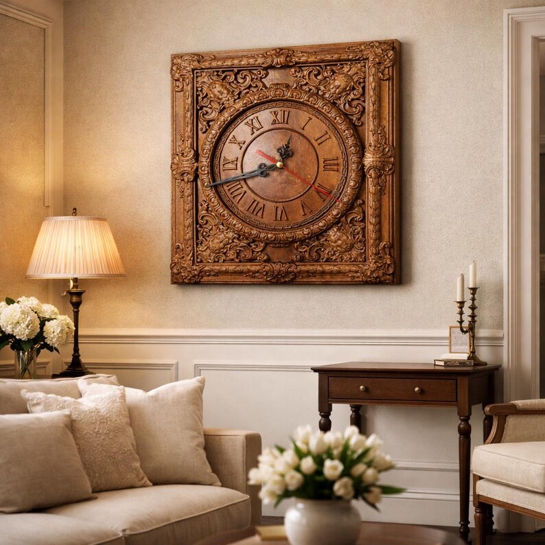 May include: A large, square, wooden wall clock with Roman numerals and ornate carvings. The clock face is brown with black hands and a red second hand. The clock is mounted on a beige wall.