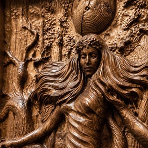 May include: A detailed wood carving depicts a woman with flowing hair, a floral crown, and outstretched arms. The artwork features a celestial body and a forest backdrop, all rendered in shades of brown.