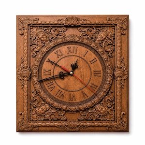 May include: A square, wooden wall clock with an ornate, carved frame. The clock face features Roman numerals and black hands with a red second hand. The clock is a warm brown color and has a detailed, vintage design.