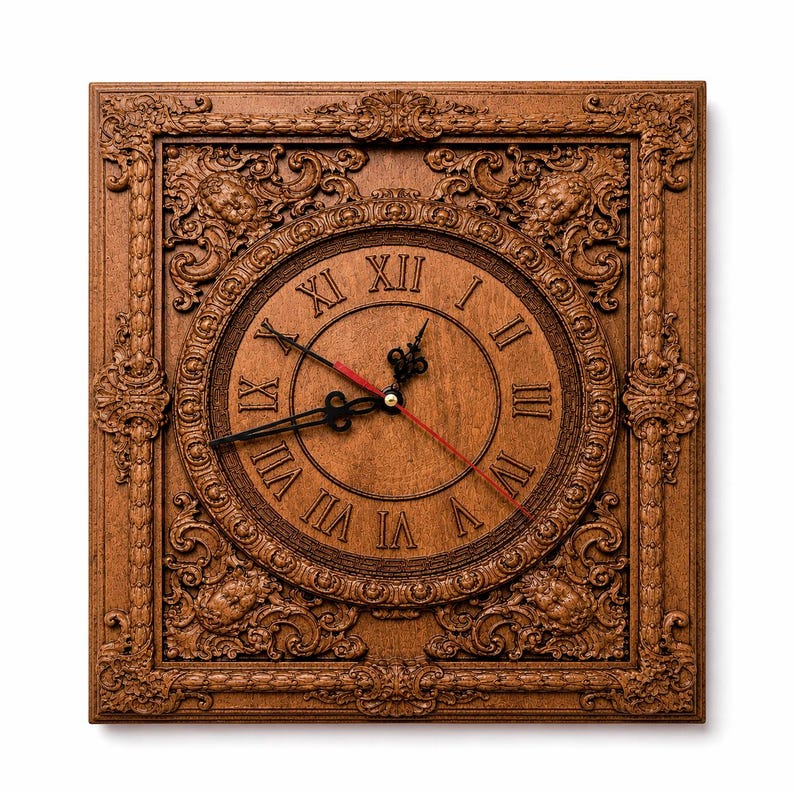 May include: A square, wooden wall clock with an ornate, carved frame. The clock face features Roman numerals and black hands with a red second hand. The clock is a warm brown color and has a detailed, vintage design.