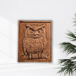 Wood Carving Owl Rustic Beech Wood Wall Art Decor Handcrafted Woodland Animal Accent  Unique Nature Inspired Gift for Home Custom Engraved