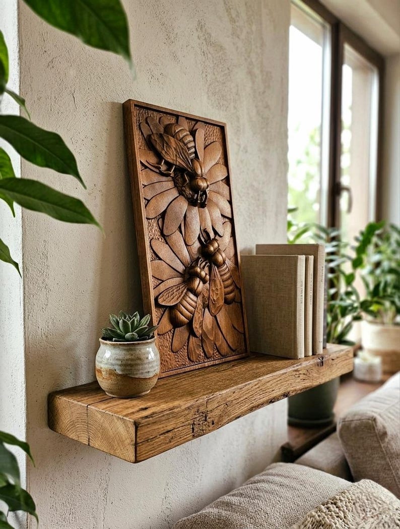 May include: A carved wooden wall plaque depicting bees on a flower, displayed on a reclaimed wooden shelf. The shelf also holds a small potted succulent and books. The artwork and shelf are in natural wood tones, creating a rustic aesthetic. The shelf is approximately 30 cm deep.