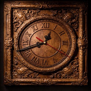 May include: Ornate square wall clock with a brown wooden frame and face. The clock features Roman numerals, black clock hands, and a red second hand. The frame has detailed carvings and a decorative design, adding a vintage aesthetic.