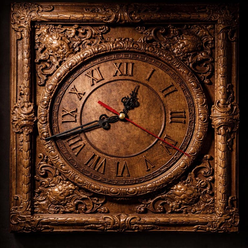 May include: Ornate square wall clock with a brown wooden frame and face. The clock features Roman numerals, black clock hands, and a red second hand. The frame has detailed carvings and a decorative design, adding a vintage aesthetic.