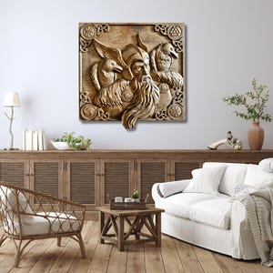 Handcrafted Odin Wood Carving with Ravens | Norse Viking Wall Art | Steamed Beech Relief Sculpture | Huginn & Muninn Decor  Pagan Altar Gift