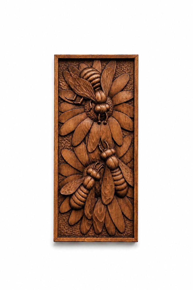 May include: A rectangular wooden relief carving depicting three bees on a flower. The bees are intricately carved with detailed wings and bodies. The flower has multiple petals. The artwork is framed in a dark wood.