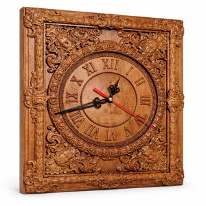 May include: Square wooden wall clock with an ornate, carved frame. The clock face features Roman numerals and black, red, and black clock hands. The frame has detailed carvings and a warm, brown finish.