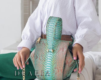 Women’s Designer Python Handbag - Mint Green Exotic Leather Purse - Snakeskin Wrist Top Handle Bag