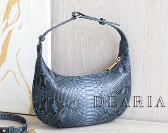 Python Leather Small Shoulder Bag - Exotic Snakeskin Crescent Baguette Purse
