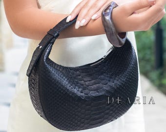 Black Python Leather Handbag – Exotic Snakeskin Small Purse