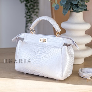 Borsa a mano in pelle di pitone bianca - Borsa a tracolla in pelle di serpente color avorio perlato per donna