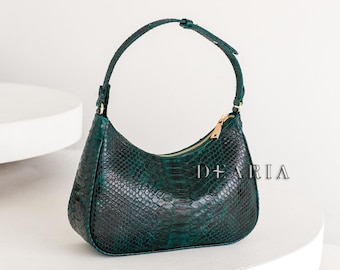 Borsa a tracolla in pelle di pitone verde smeraldo - Borsa a mano in vera pelle di serpente