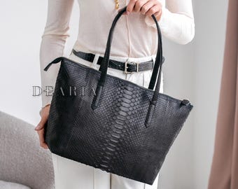 Black Snakeskin Tote Bag for Women - Large Zippered Minimalist Shoulder Bag