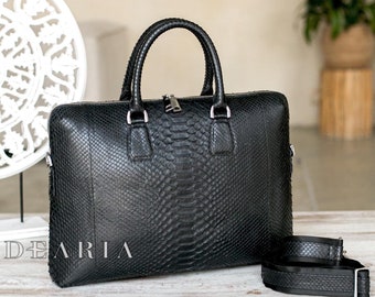 Python Leather Laptop Bag - Exotic Snakeskin Black Briefcase for Business & Documents