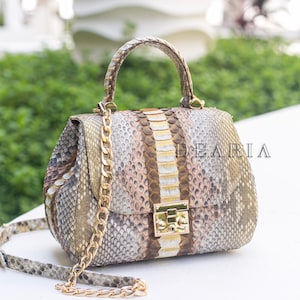 Bolso de piel de serpiente auténtica - Lujosa cartera de piel de pitón con asa superior - Bolso exótico para mujer - Bolso satchel dorado y beige