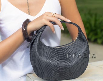 Luxury Python Leather Purse - Graphite Snakeskin Top Handle Bag
