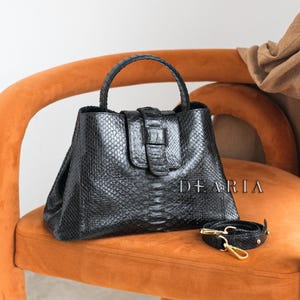 Black Python Leather Tote Bag - Snakeskin Large Shoulder Handbag
