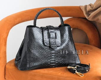 Black Python Leather Tote Bag - Snakeskin Large Shoulder Handbag