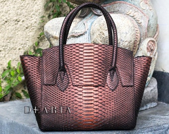 Bronze Python Leather Tote Bag – Structured Exotic Handbag