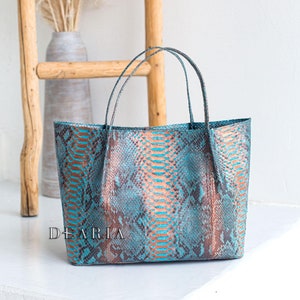 Python Leder Tragetasche - Türkis & Bronze Metallic Große Schultertasche - Luxus Schlangenleder Oversized Geldbörse