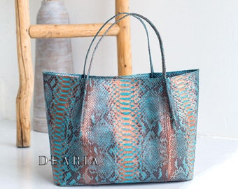 Python Leather Tote Bag - Turquoise & Bronze Metallic Large Shoulder Bag - Luxury Snakeskin Oversized Purse