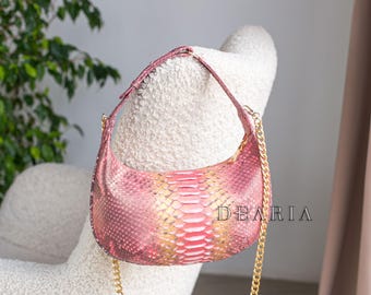 Python Leather Baguette Bag - Coral Gold Snakeskin Small Shoulder Handbag - Classy Exotic Snake Purse