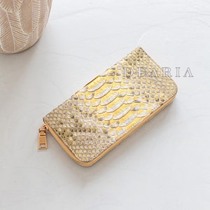Cartera con cremallera de piel de pitón dorada para mujer - Cartera larga de piel de serpiente de lujo - Cartera clásica de piel exótica