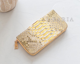 Portefeuille zippé en cuir de python doré pour femme - Portefeuille long de luxe en peau de serpent - Portefeuille classique en cuir exotique